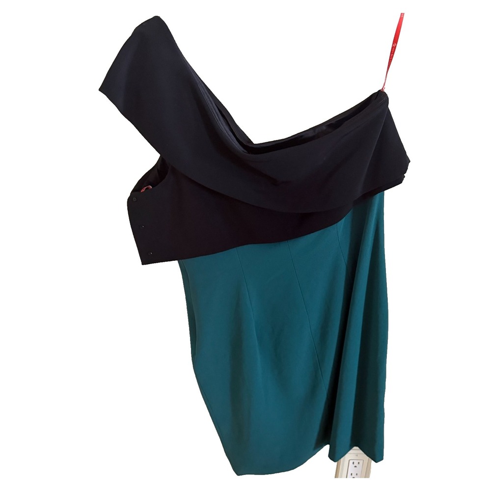 ML Monique LHuillier Off-Shoulder Midi Dress Green Black Sz 14  EUC Classic Mini